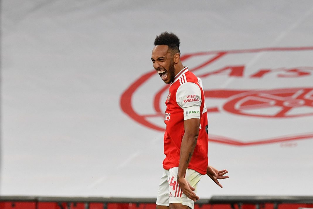 LONDON, ENGLAND - JULY 18: Pierre-Emerick Aubameyang of Arsenal celebrates after scoring his team's second goal during the FA Cup Semi Final match between Arsenal and Manchester City at Wembley Stadium on July 18, 2020 in London, England. Football Stadiums around Europe remain empty due to the Coronavirus Pandemic as Government social distancing laws prohibit fans inside venues resulting in all fixtures being played behind closed doors. (Photo by Justin Tallis/Pool via Getty Images)