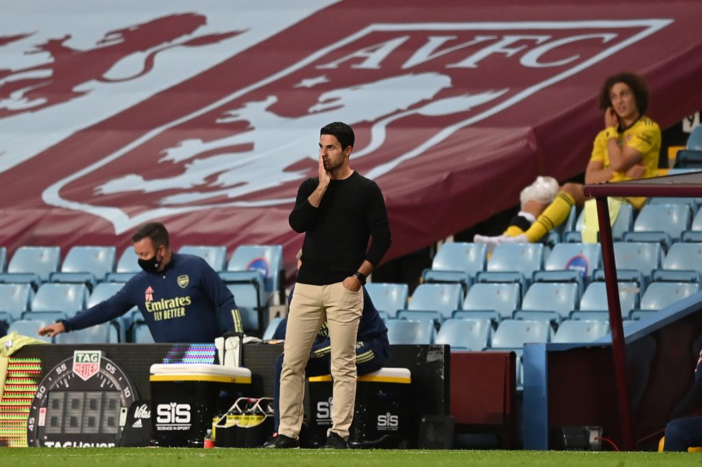 BIRMINGHAM, ENGLAND - JULY 21: Mikel Arteta, Manager of Arsenal looks on during the Premier League match between Aston Villa and Arsenal FC at Villa Park on July 21, 2020 in Birmingham, England. Football Stadiums around Europe remain empty due to the Coronavirus Pandemic as Government social distancing laws prohibit fans inside venues resulting in all fixtures being played behind closed doors. (Photo by Shaun Botterill/Getty Images)