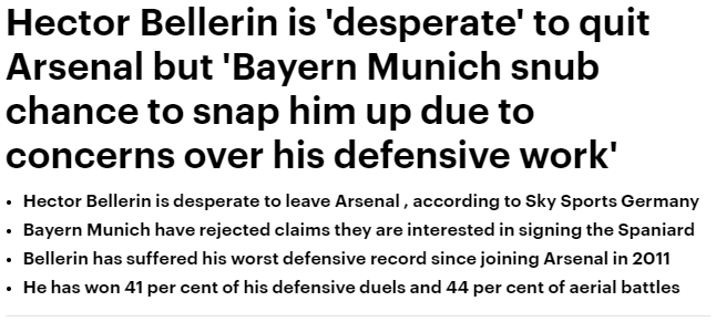 Hector Bellerin is 'desperate' to quit Arsenal but 'Bayern Munich snub chance to snap him up due to concerns over his defensive work' - Daily Mail, 13 July 2020