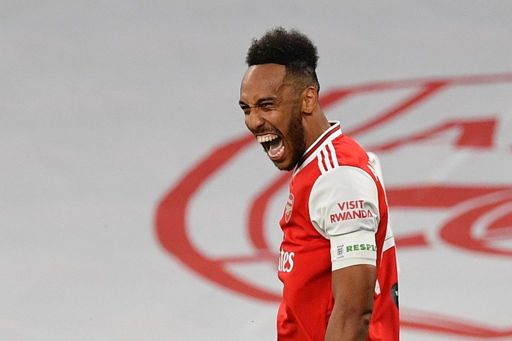 Arsenal's Gabonese striker Pierre-Emerick Aubameyang celebrates scoring their second goal during the English FA Cup semi-final football match between Arsenal and Manchester City at Wembley Stadium in London, on July 18, 2020. (Photo by JUSTIN TALLIS / POOL / AFP)