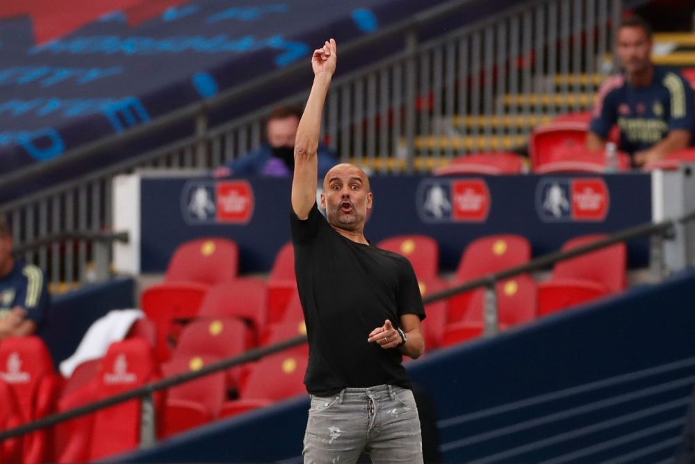 Manchester City's Spanish manager Pep Guardiola gestures from the touchline during the English FA Cup semi-final football match between Arsenal and Manchester City at Wembley Stadium in London, on July 18, 2020. (Photo by MATTHEW CHILDS / POOL / AFP)