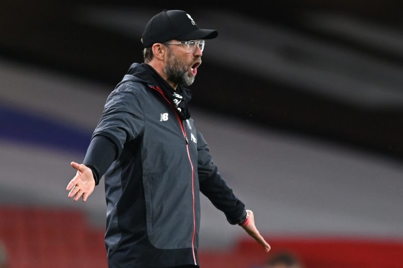 Liverpool's German manager Jurgen Klopp gestures on the touchline during the English Premier League football match between Arsenal and Liverpool at the Emirates Stadium in London on July 15, 2020. (Photo by Shaun Botterill / POOL / AFP) / RESTRICTED TO EDITORIAL USE. No use with unauthorized audio, video, data, fixture lists, club/league logos or 'live' services. Online in-match use limited to 120 images. An additional 40 images may be used in extra time. No video emulation. Social media in-match use limited to 120 images. An additional 40 images may be used in extra time. No use in betting publications, games or single club/league/player publications. / (Photo by SHAUN BOTTERILL/POOL/AFP via Getty Images)