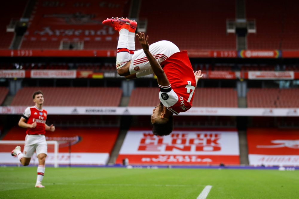Arsenal's Gabonese striker Pierre-Emerick Aubameyang celebrates after scoring a goal during the English Premier League football match between Arsenal and Norwich City at the Emirates Stadium in London on July 1, 2020. (Photo by Richard Heathcote / POOL / AFP)