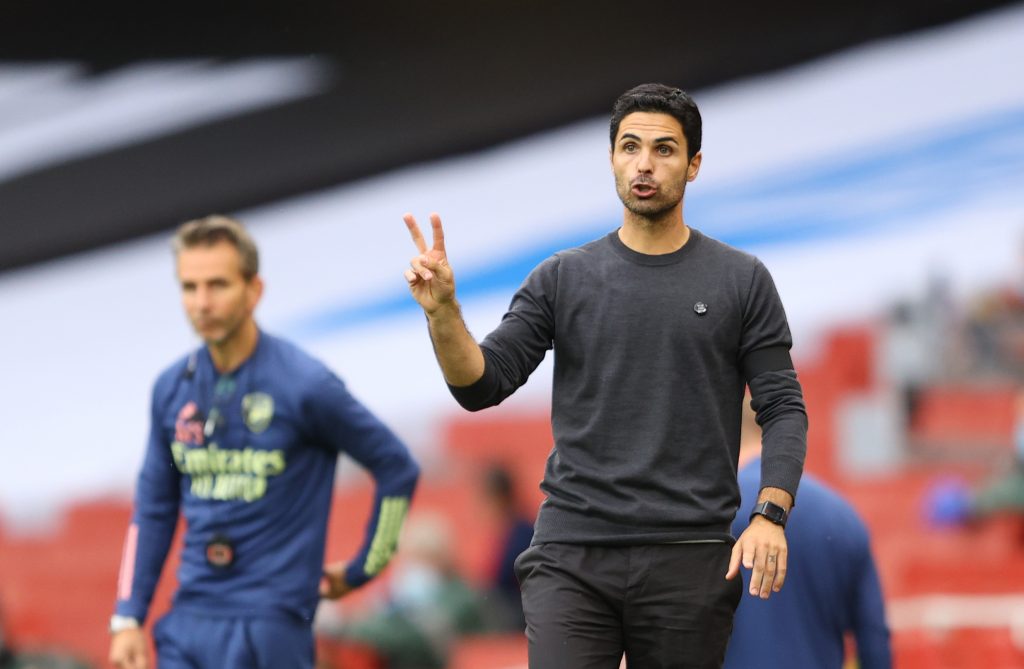 Arsenal's Spanish head coach Mikel Arteta gives indications to his players during the English Premier League football match between Arsenal and Norwich City at the Emirates Stadium in London on July 1, 2020. (Photo by Richard Heathcote / POOL / AFP) / RESTRICTED TO EDITORIAL USE. No use with unauthorized audio, video, data, fixture lists, club/league logos or 'live' services. Online in-match use limited to 120 images. An additional 40 images may be used in extra time. No video emulation. Social media in-match use limited to 120 images. An additional 40 images may be used in extra time. No use in betting publications, games or single club/league/player publications. / (Photo by RICHARD HEATHCOTE/POOL/AFP via Getty Images)