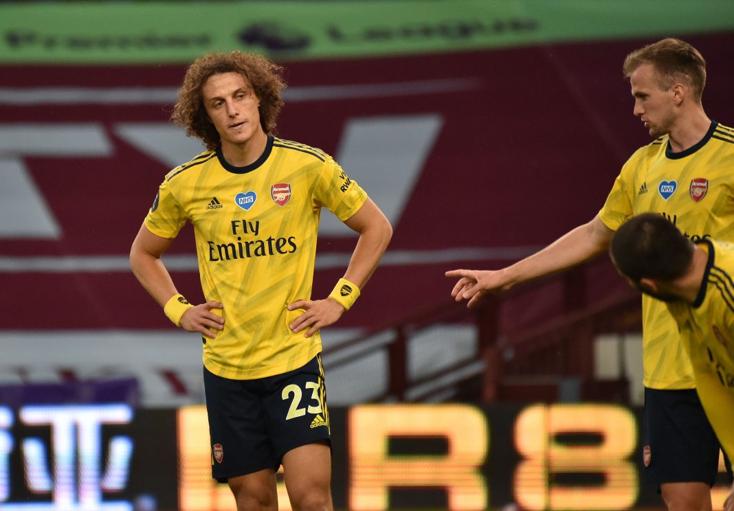 Arsenal's Brazilian defender David Luiz (L) reacts during the English Premier League football match between Aston Villa and Arsenal at Villa Park in Birmingham, central England on July 21, 2020. (Photo by Rui Vieira / POOL / AFP)