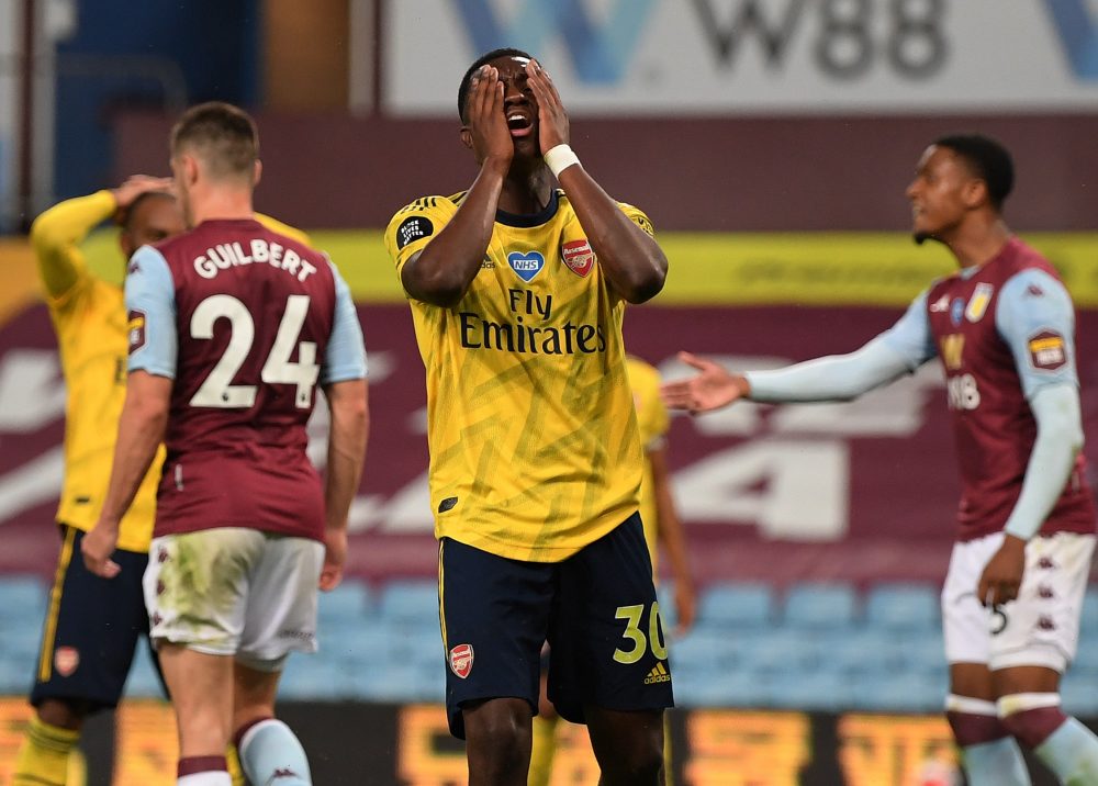 Arsenal's English striker Eddie Nketiah reacts after a missed chance during the English Premier League football match between Aston Villa and Arsenal at Villa Park in Birmingham, central England on July 21, 2020. (Photo by Shaun Botterill / POOL / AFP)