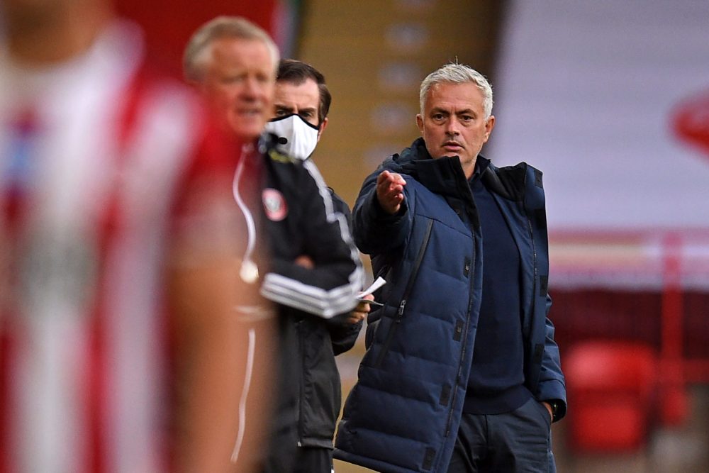Tottenham Hotspur's Portuguese head coach Jose Mourinho (R) gestures on the touchline during the English Premier League football match between Sheffield United and Tottenham Hotspur at Bramall Lane in Sheffield, northern England on July 2, 2020. (Photo by Oli SCARFF / POOL / AFP)