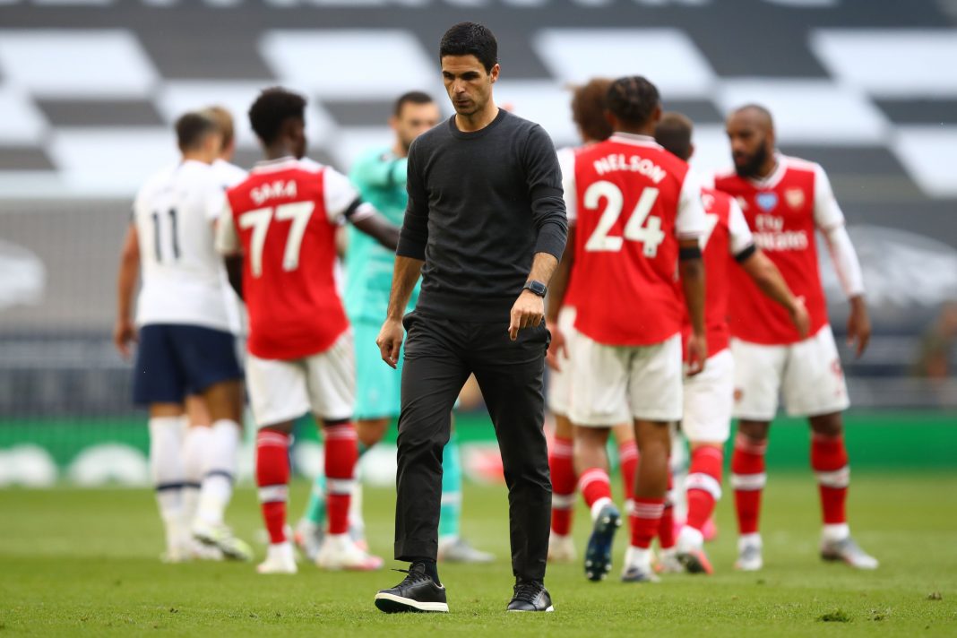 Arsenal's Spanish head coach Mikel Arteta reacts to their defeat on the pitch after the English Premier League football match between Tottenham Hotspur and Arsenal at Tottenham Hotspur Stadium in London, on July 12, 2020. (Photo by Julian Finney / POOL / AFP) / RESTRICTED TO EDITORIAL USE. No use with unauthorized audio, video, data, fixture lists, club/league logos or 'live' services. Online in-match use limited to 120 images. An additional 40 images may be used in extra time. No video emulation. Social media in-match use limited to 120 images. An additional 40 images may be used in extra time. No use in betting publications, games or single club/league/player publications. / (Photo by JULIAN FINNEY/POOL/AFP via Getty Images)
