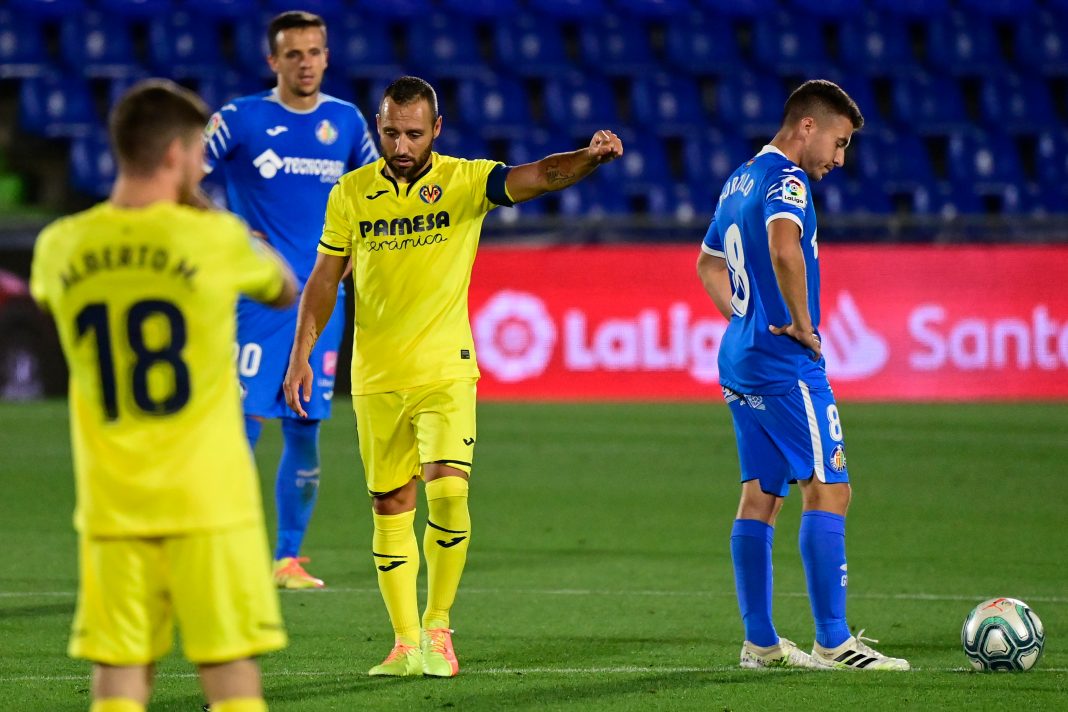 Villarreal's Spanish midfielder Santi Cazorla celebrates his second goal during the Spanish League football match between Getafe and Villarreal at the Coliseum Alfonso Perez stadium in Getafe near Madrid on July 8, 2020. (Photo by JAVIER SORIANO / AFP)