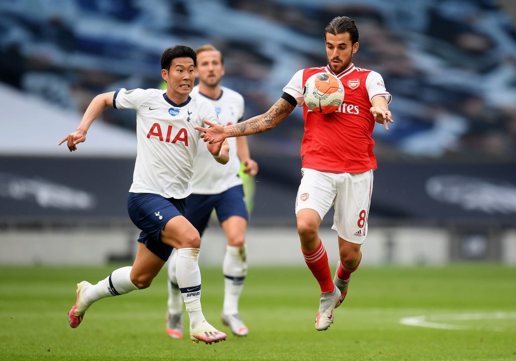 LONDON, ENGLAND - JULY 12: Dani Ceballos of Arsenal  battles for possession with  Heung-Min Son of Tottenham Hotspur  during the Premier League match between Tottenham Hotspur and Arsenal FC at Tottenham Hotspur Stadium on July 12, 2020 in London, England. Football Stadiums around Europe remain empty due to the Coronavirus Pandemic as Government social distancing laws prohibit fans inside venues resulting in all fixtures being played behind closed doors. (Photo by Michael Regan/Getty Images)