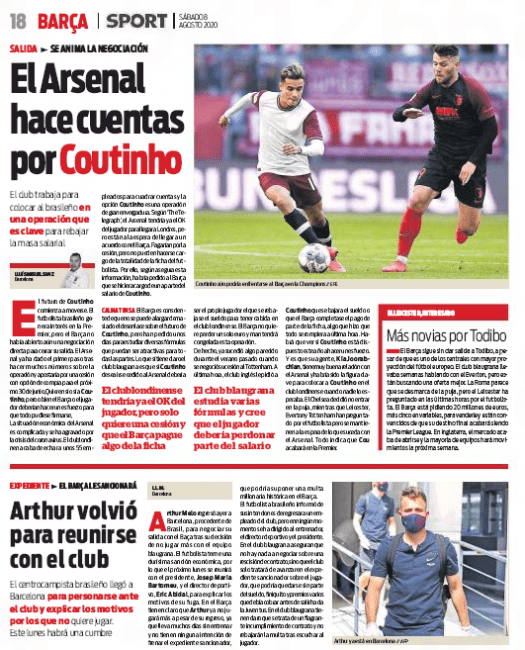 Arsenal want Barcelona to help pay some of Philippe Coutinho's wages- Arsenal are counting for Coutinho The club works to place the Brazilian in an operation that is key to lower the wage bill - Sport (Spain) August 8, 2020