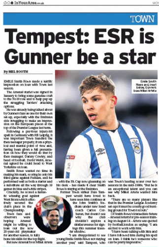 Arteta wanted Smith Rowe, Tempest: ESR is Gunner be a star - Huddersfield Examiner, 10 August 2020