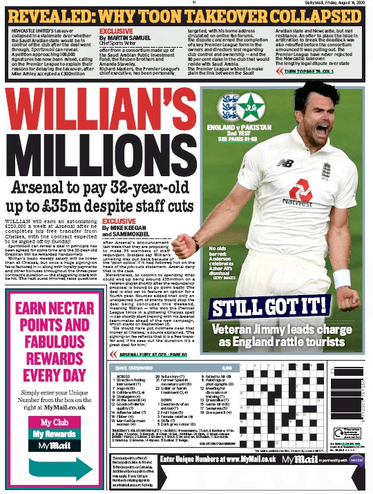 Willian's millions: Daily Mail back page 14 August 2020