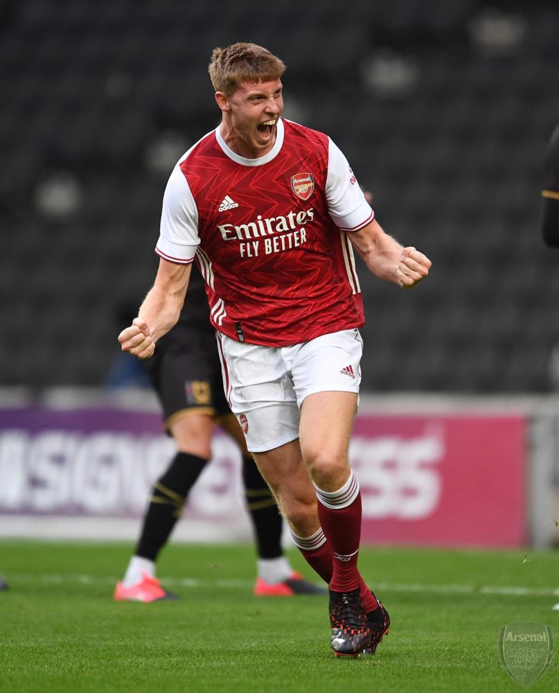 Mark McGuinness on his friendly debut for Arsenal against MK Dons (Photo via David Price on Twitter)