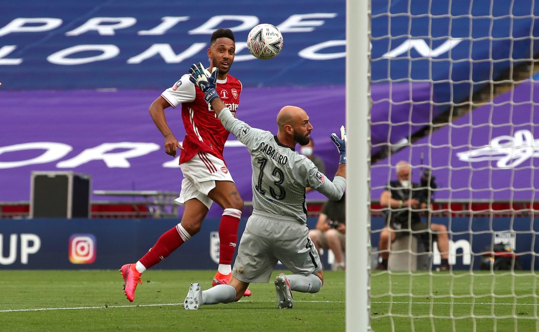 LONDON, ENGLAND - AUGUST 01: Pierre-Emerick Aubameyang of Arsenal scores his sides second goal during the Heads Up FA Cup Final match between Arsenal and Chelsea at Wembley Stadium on August 01, 2020 in London, England. Football Stadiums around Europe remain empty due to the Coronavirus Pandemic as Government social distancing laws prohibit fans inside venues resulting in all fixtures being played behind closed doors. (Photo by Adam Davy/Pool via Getty Images)