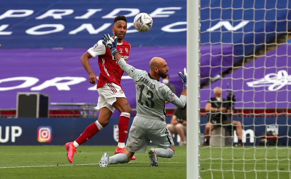 LONDON, ENGLAND - AUGUST 01: Pierre-Emerick Aubameyang of Arsenal scores his sides second goal during the Heads Up FA Cup Final match between Arsenal and Chelsea at Wembley Stadium on August 01, 2020 in London, England. Football Stadiums around Europe remain empty due to the Coronavirus Pandemic as Government social distancing laws prohibit fans inside venues resulting in all fixtures being played behind closed doors. (Photo by Adam Davy/Pool via Getty Images)