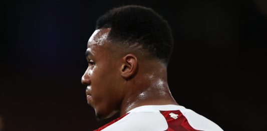 LONDON, ENGLAND - SEPTEMBER 19: Gabriel after scoring his team's first goal during the Premier League match between Arsenal and West Ham United at Emirates Stadium on September 19, 2020 in London, England. (Photo by Ian Walton - Pool/Getty Images)