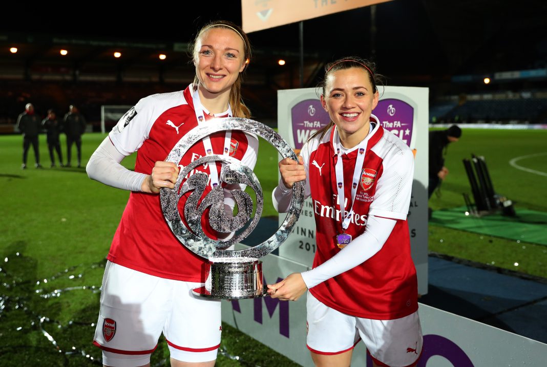 HIGH WYCOMBE, ENGLAND - MARCH 14: Louise Quinn and Katie McCabe of Arsenal women celebrate with the trophy after the WSL Continental Cup Final between Arsenal Women and Manchester City Ladies at Adams Park on March 14, 2018 in High Wycombe, England. (Photo by Catherine Ivill/Getty Images)