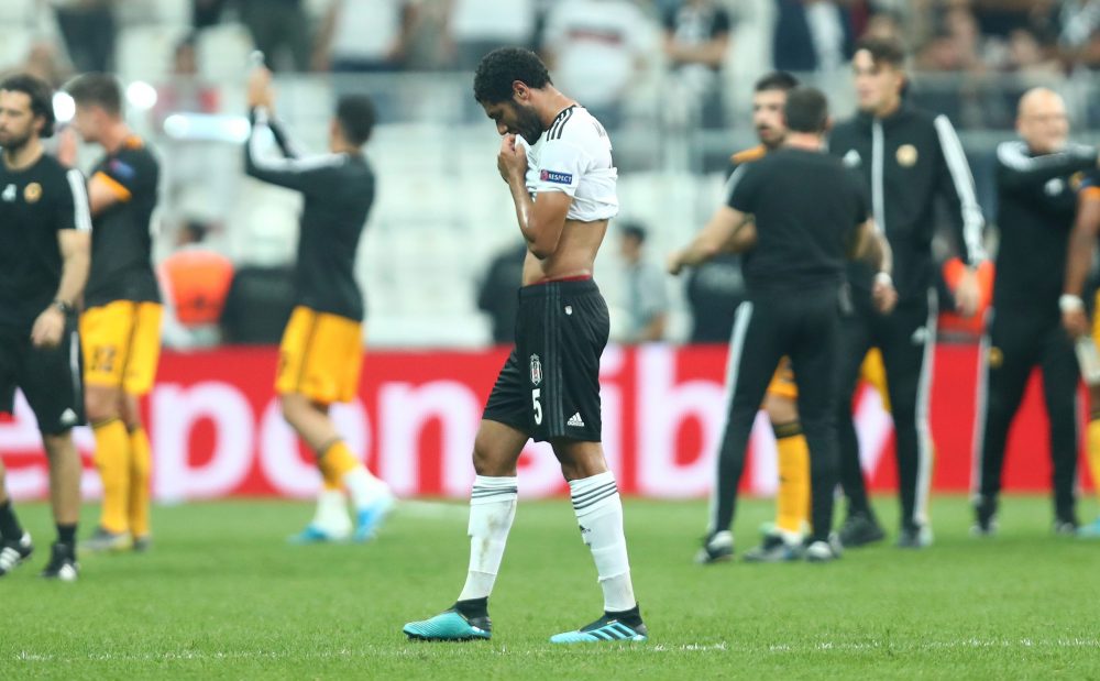 ISTANBUL, TURKEY - OCTOBER 03: Mohamed Elneny of Besiktas reacts at full-time after the UEFA Europa League group K match between Besiktas and Wolverhampton Wanderers at Vodafone Park on October 03, 2019 in Istanbul, Turkey. (Photo by Dean Mouhtaropoulos/Getty Images)