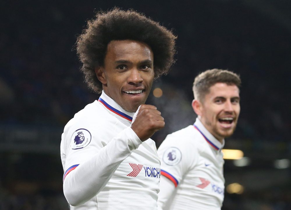 BURNLEY, ENGLAND - OCTOBER 26: Willian of Chelsea celebrates after scoring his team's fourth goal during the Premier League match between Burnley FC and Chelsea FC at Turf Moor on October 26, 2019 in Burnley, United Kingdom. (Photo by Jan Kruger/Getty Images)