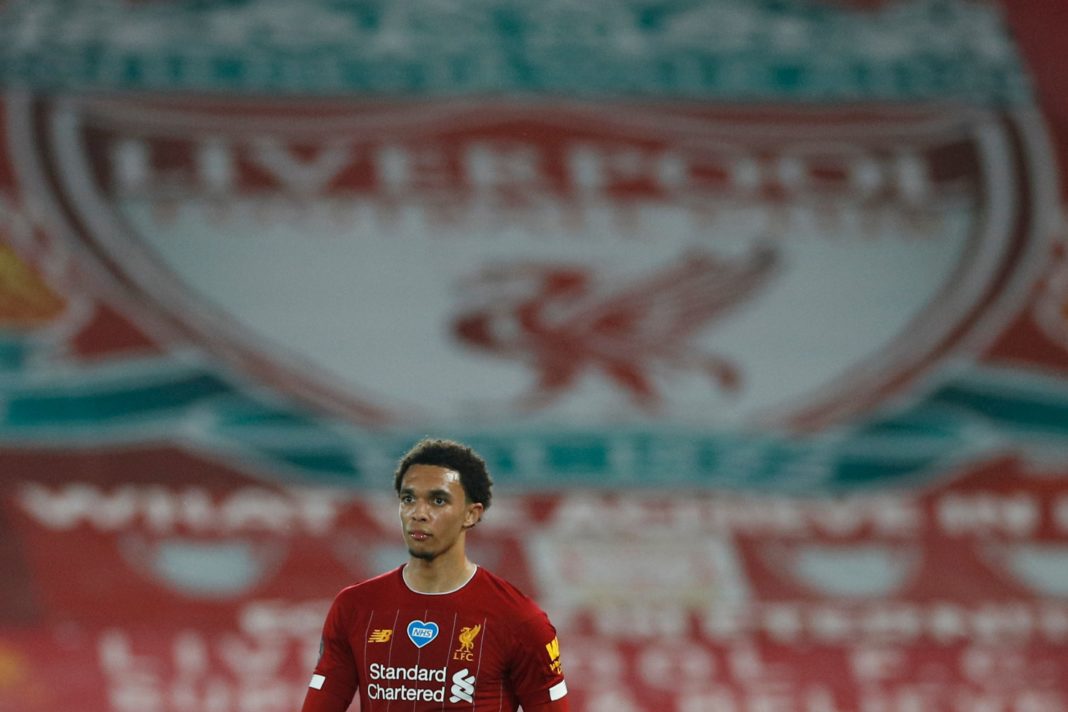 Liverpool's English defender Trent Alexander-Arnold is seen during the English Premier League football match between Liverpool and Chelsea at Anfield in Liverpool, north west England on July 22, 2020. (Photo by PHIL NOBLE / POOL / AFP) / RESTRICTED TO EDITORIAL USE. No use with unauthorized audio, video, data, fixture lists, club/league logos or 'live' services. Online in-match use limited to 120 images. An additional 40 images may be used in extra time. No video emulation. Social media in-match use limited to 120 images. An additional 40 images may be used in extra time. No use in betting publications, games or single club/league/player publications. / (Photo by PHIL NOBLE/POOL/AFP via Getty Images)