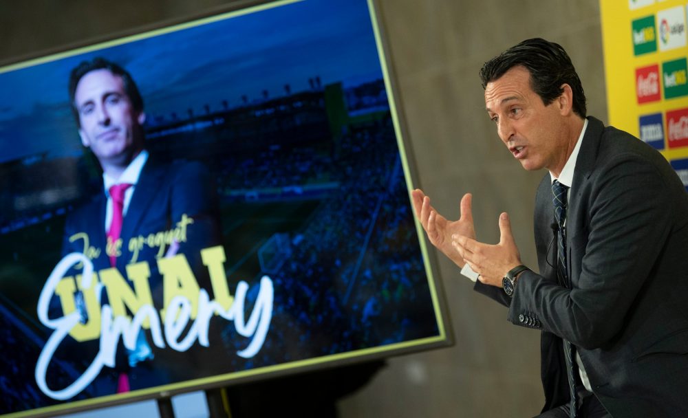 Villarreal's new Spanish coach Unai Emery gives a press conference during his official presentation at la Ceramica Stadium in Villarreal, on July 27, 2020. (Photo by JOSE JORDAN / AFP) (Photo by JOSE JORDAN/AFP via Getty Images)