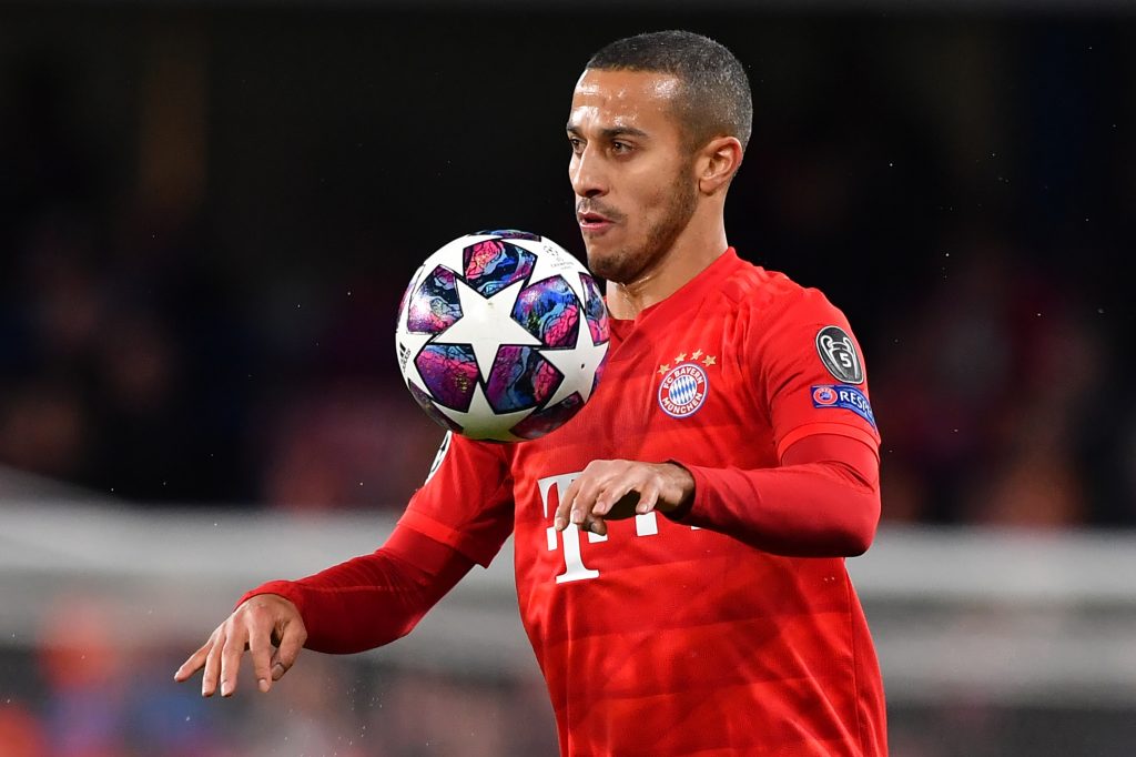 Bayern Munich's Spanish midfielder Thiago Alcantara controls the ball during the UEFA Champion's League round of 16 first leg football match between Chelsea and Bayern Munich at Stamford Bridge in London on February 25, 2020. (Photo by Ben STANSALL / AFP) (Photo by BEN STANSALL/AFP via Getty Images)