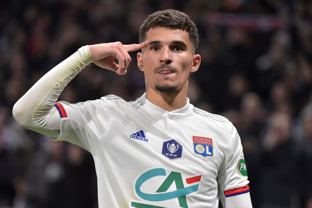 Lyon's French midfielder Houssem Aouar celebrates after scoring the opener during the French Cup quarter-final football match between Olympique Lyonnais and Olympique de Marseille at the Groupama stadium in Decines-Charpieu near Lyon, central eastern France on February 12, 2020. (Photo by ROMAIN LAFABREGUE / AFP)