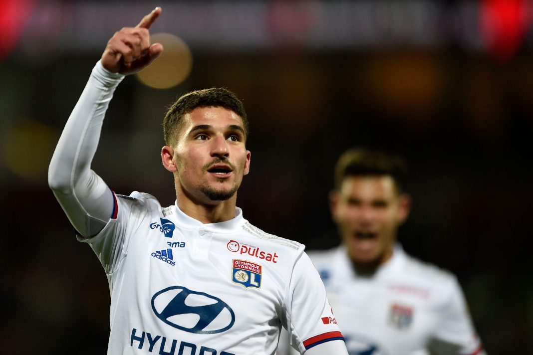 Lyon's French midfielder Houssem Aouar celebrates after scoring a goal during the French L1 football match between FC Metz and Olympique Lyonnais at the Saint Symphorien stadium in Longeville-lès-Metz, eastern France, on February 21, 2020. (Photo by JEAN-CHRISTOPHE VERHAEGEN / AFP) (Photo by JEAN-CHRISTOPHE VERHAEGEN/AFP via Getty Images)