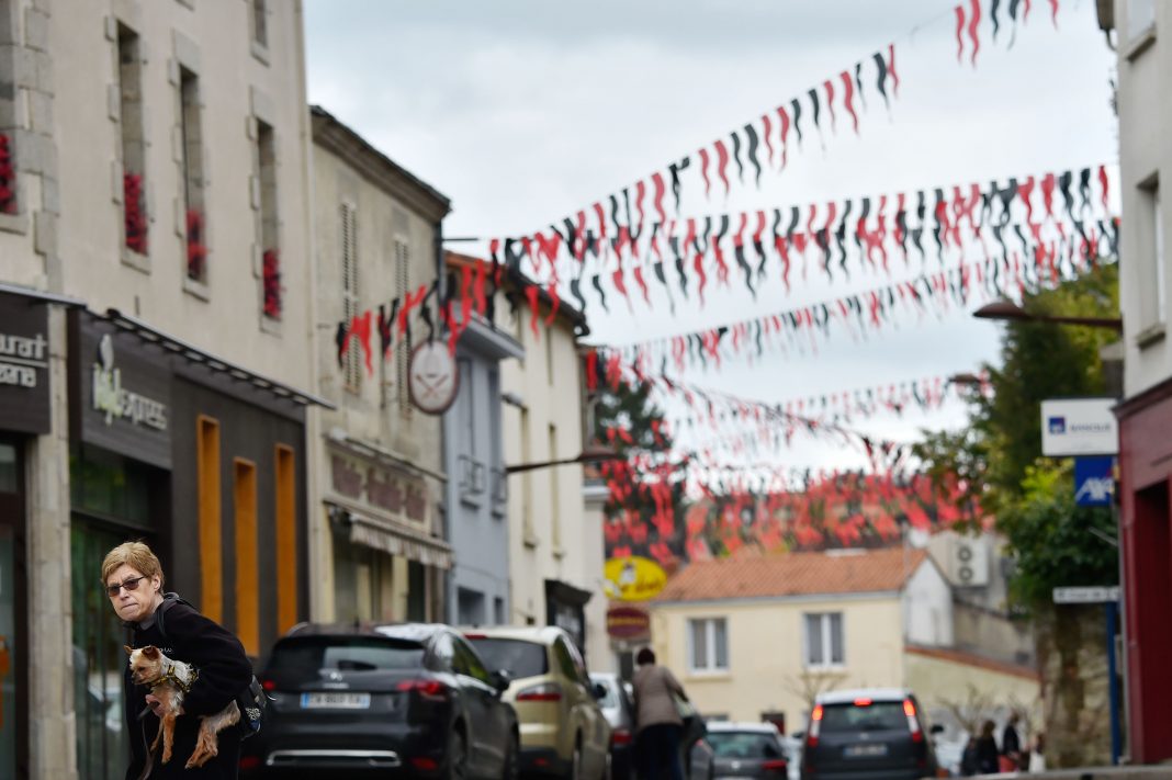 A woman carries a dog as she walks under decorations in a street of Les Herbiers, western France, on April 16, 2018 on the eve of the French cup semi-final football match Vendee Les Herbiers vs Chambly. / AFP PHOTO / LOIC VENANCE (Photo credit LOIC VENANCE/AFP via Getty Images)