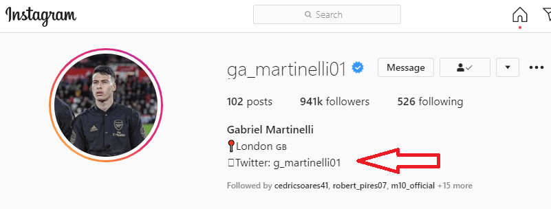 Gabriel Martinelli confirms his Twitter handle in his official Instagram account bio