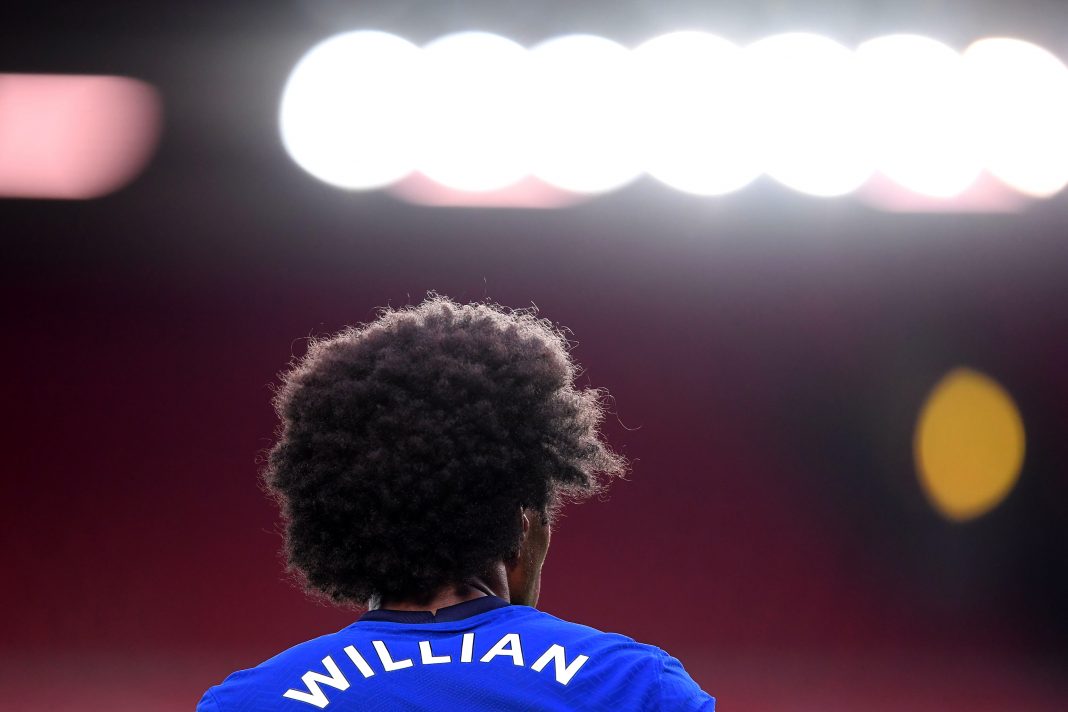 LIVERPOOL, ENGLAND - JULY 22: A close up view of Willian of Chelsea during the Premier League match between Liverpool FC and Chelsea FC at Anfield on July 22, 2020 in Liverpool, England. Football Stadiums around Europe remain empty due to the Coronavirus Pandemic as Government social distancing laws prohibit fans inside venues resulting in all fixtures being played behind closed doors. (Photo by Laurence Griffiths/Getty Images)