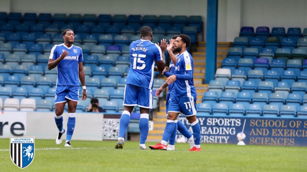 Trae Coyle (R) and Zech Medley (L) celebrate Coyle's goal for Gillingham against Crawley Town (Photo via The Gills FC on Twitter)