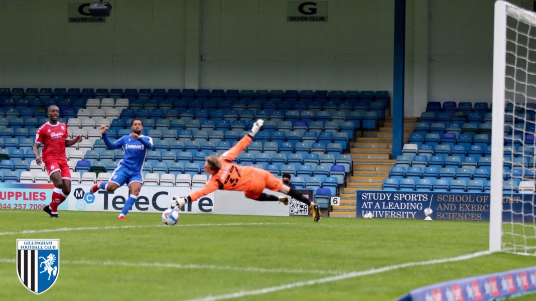 Trae Coyle scores for Gillingham against Crawley Town (Photo via The Gills FC on Twitter)