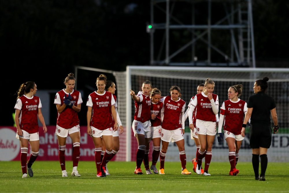 BOREHAMWOOD, ENGLAND - SEPTEMBER 26: Jordan Nobbs of Arsenal celebrates with teammates after scoring her sides first goal during the SSE Women's FA Cup Quarter Final between Arsenal FC and Tottenham Hotspur FC at Meadow Park on September 26, 2020 in Borehamwood, England. Sporting stadiums around the UK remain under strict restrictions due to the Coronavirus Pandemic as Government social distancing laws prohibit fans inside venues resulting in games being played behind closed doors. (Photo by Naomi Baker/Getty Images)
