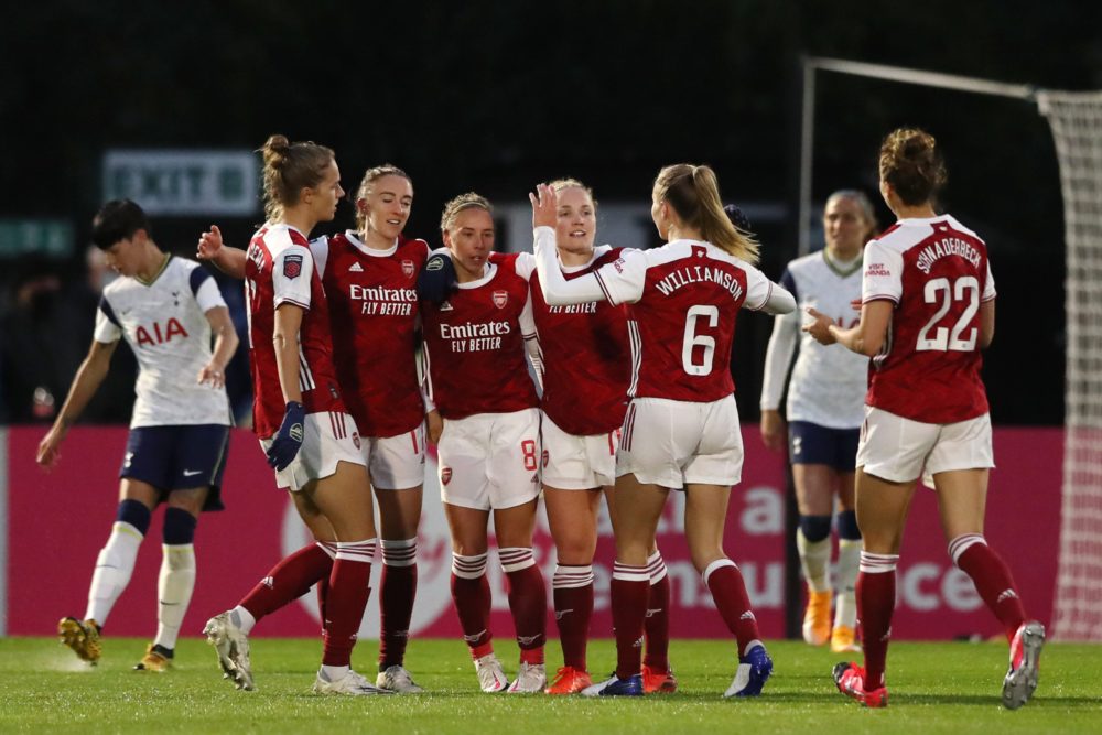 BOREHAMWOOD, ENGLAND - SEPTEMBER 26: Jordan Nobbs of Arsenal celebrates with teammates after scoring her sides first goal during the SSE Women's FA Cup Quarter Final between Arsenal FC and Tottenham Hotspur FC at Meadow Park on September 26, 2020 in Borehamwood, England. Sporting stadiums around the UK remain under strict restrictions due to the Coronavirus Pandemic as Government social distancing laws prohibit fans inside venues resulting in games being played behind closed doors. (Photo by Naomi Baker/Getty Images)