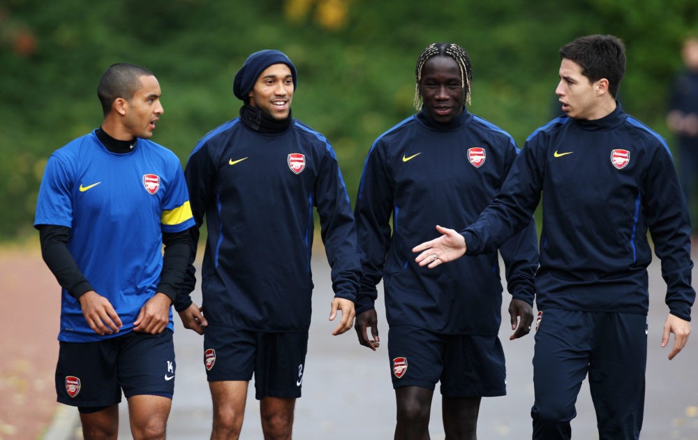 ST ALBANS, ENGLAND - NOVEMBER 02: (L-R) Theo Walcott, Gael Clichy, Bacary Sagna and Samir Nasri share a laugh prior to the training session ahead of the UEFA Champions League Group H match against Shakhtar Donetsk at the club's complex at London Colney on November 2, 2010 in St Albans, England. (Photo by Dean Mouhtaropoulos/Getty Images)