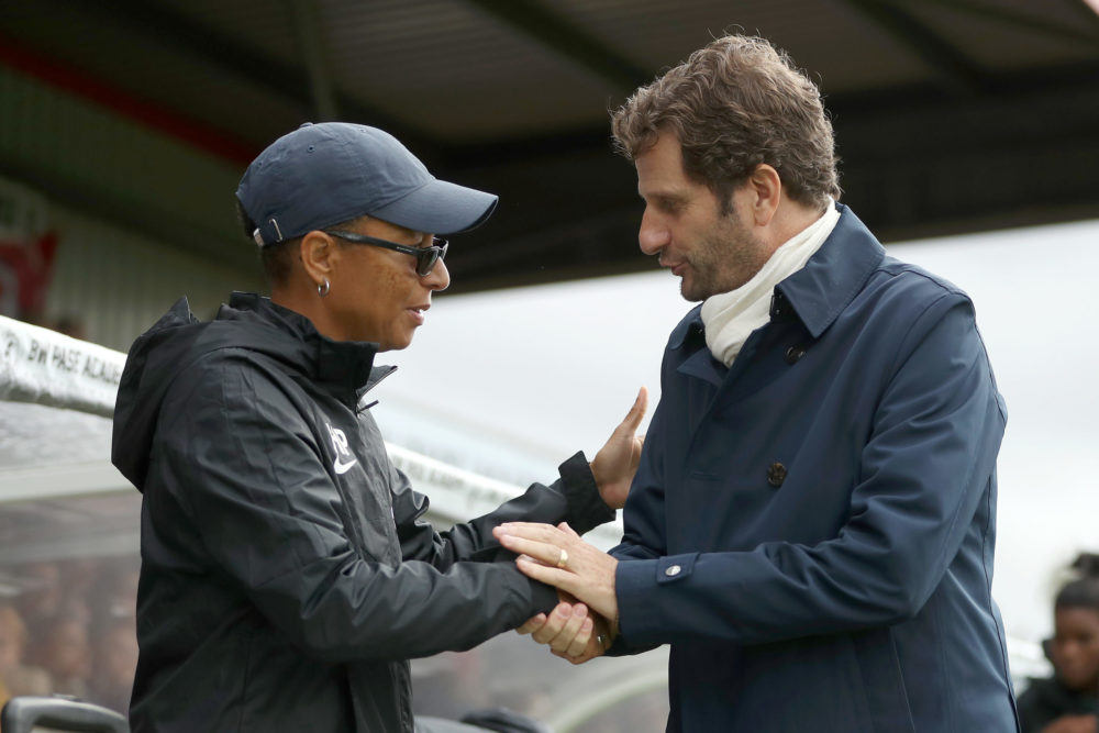 BOREHAMWOOD, ENGLAND - SEPTEMBER 29: Hope Powell, Manager of Brighton & Hove Albion and Joe Montemurro, Manager of Arsenal shake hands ahead of the Barclays FA Women's Super League match between Arsenal and Brighton & Hove Albion at Meadow Park on September 29, 2019 in Borehamwood, United Kingdom. (Photo by Kate McShane/Getty Images)