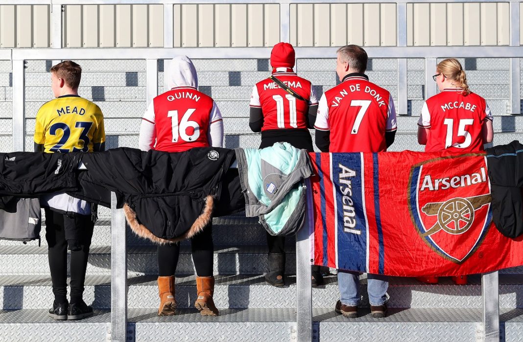 BOREHAMWOOD, ENGLAND - JANUARY 19: 5 Arsenal fans pose for a photo inside the stadium prior to the Barclays FA Women's Super League match between Arsenal and Chelsea at Meadow Park on January 19, 2020 in Borehamwood, United Kingdom. (Photo by Catherine Ivill/Getty Images)