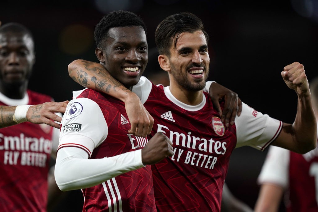LONDON, ENGLAND - SEPTEMBER 19: Eddie Nketiah of Arsenal celebrates with teammate Dani Ceballos after scoring his team's second goal during the Premier League match between Arsenal and West Ham United at Emirates Stadium on September 19, 2020 in London, England. (Photo by Will Oliver - Pool/Getty Images)