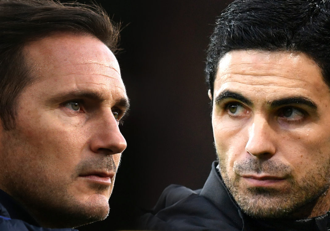 COMPOSITE OF IMAGES - Image numbers 1183588211,1196044327 - GRADIENT ADDED) In this composite image a comparison has been made between Frank Lampard, Manager of Chelsea (L) and Mikel Arteta, Manager of Arsenal . Chelsea and Arsenal meet in a Premier League fixture on January 21, 2020 at Stamford Bridge in London. ***LEFT IMAGE*** BURNLEY, ENGLAND - OCTOBER 26: Frank Lampard, Manager of Chelsea looks on prior to the Premier League match between Burnley FC and Chelsea FC at Turf Moor on October 26, 2019 in Burnley, United Kingdom. (Photo by Jan Kruger/Getty Images) ***RIGHT IMAGE*** BOURNEMOUTH, ENGLAND - DECEMBER 26: Mikel Arteta, Manager of Arsenal looks on during the Premier League match between AFC Bournemouth and Arsenal FC at Vitality Stadium on December 26, 2019 in Bournemouth, United Kingdom. (Photo by Dan Mullan/Getty Images)