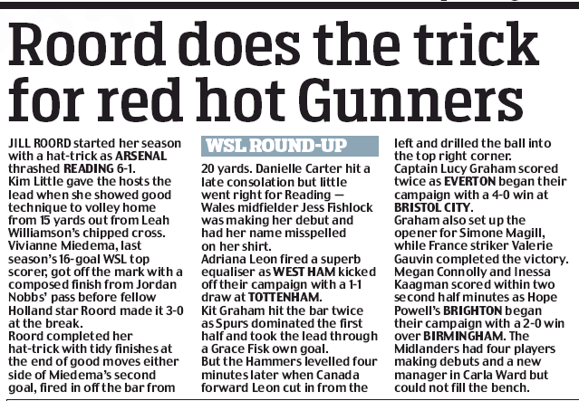 'Roord does the trick for red hot Gunners' Daily Mail, 7 September 2020