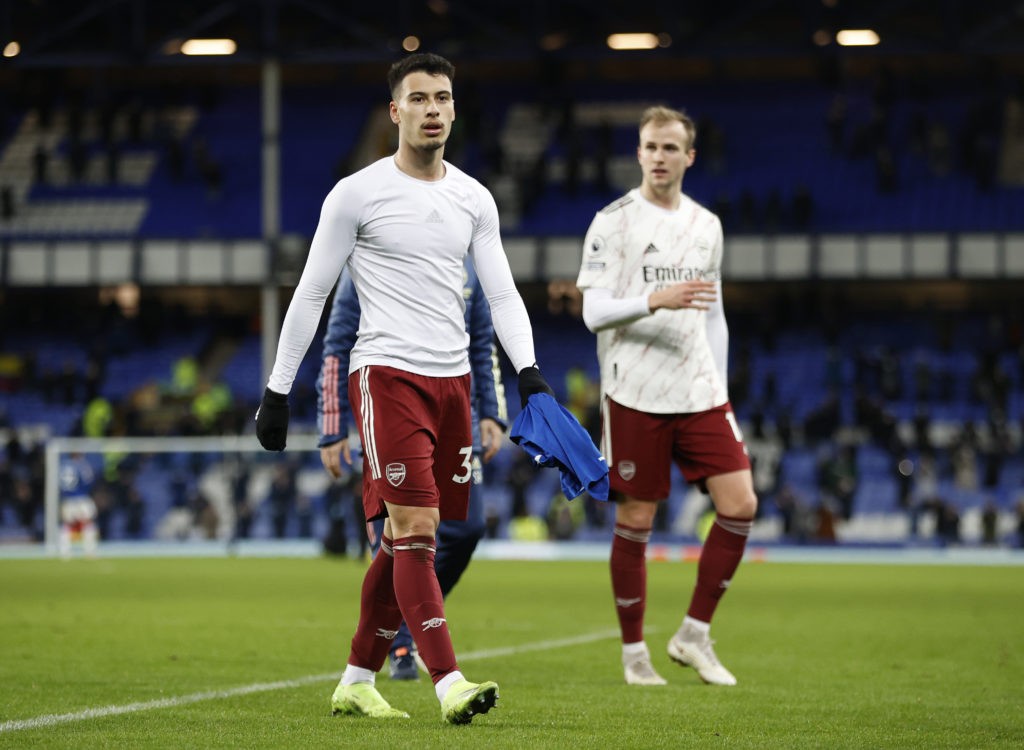 LIVERPOOL, ENGLAND - DECEMBER 19: Gabriel Martinelli of Arsenal looks dejected following his team's defeat in the Premier League match between Everton and Arsenal at Goodison Park on December 19, 2020 in Liverpool, England. A limited number of fans (2000) are welcomed back to stadiums to watch elite football across England. This was following easing of restrictions on spectators in tiers one and two areas only. (Photo by Clive Brunskill/Getty Images)
