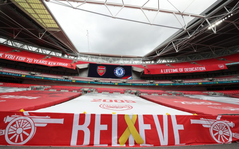Arsenal-themed banners cover the empty seats ahead of the English FA Cup final football match between Arsenal and Chelsea at Wembley Stadium in London, on August 1, 2020. (Photo by Catherin