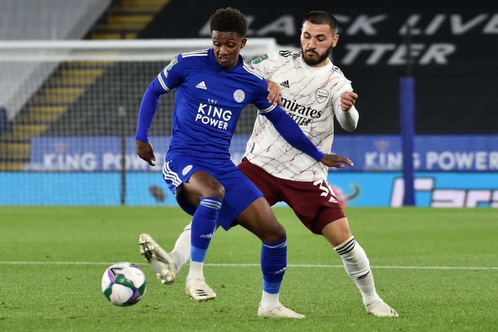 Leicester City's English midfielder Demarai Gray (L) vies with Arsenal's German-born Bosnian defender Sead Kolasinac during the English League Cup third round football match between Leicester City and Arsenal at King Power Stadium in Leicester, central England on September 23, 2020. (Photo by RUI VIEIRA/POOL/AFP via Getty Images)