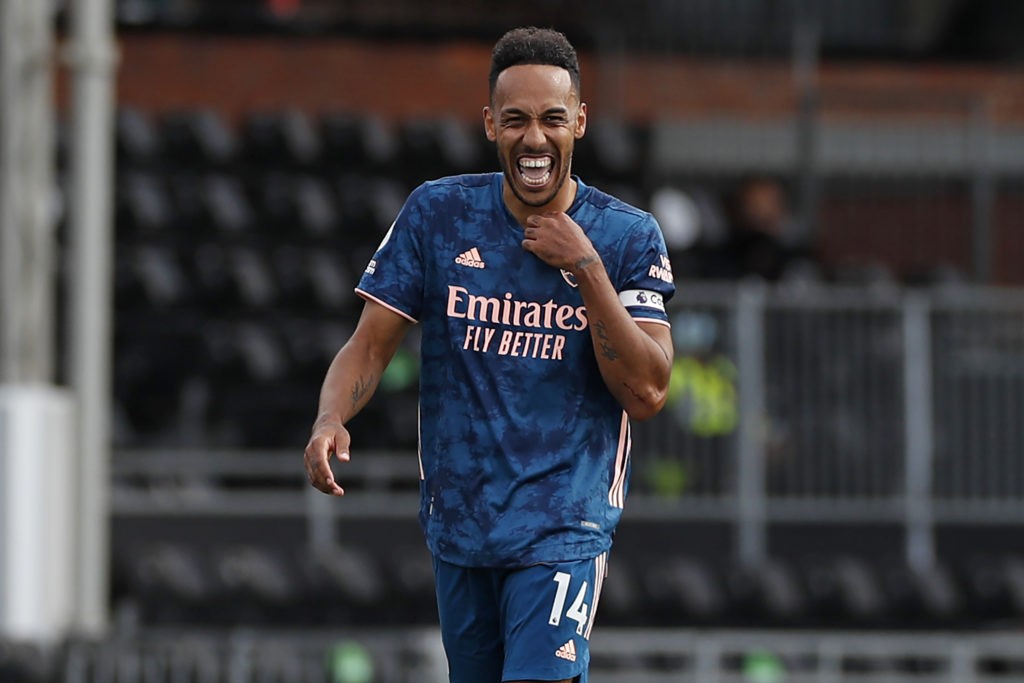 Arsenal's Gabonese striker Pierre-Emerick Aubameyang celebrates scoring their third goal during the English Premier League football match between Fulham and Arsenal at Craven Cottage in London on September 12, 2020. (Photo by PAUL CHILDS / POOL / AFP) / RESTRICTED TO EDITORIAL USE. No use with unauthorized audio, video, data, fixture lists, club/league logos or 'live' services. Online in-match use limited to 120 images. An additional 40 images may be used in extra time. No video emulation. Social media in-match use limited to 120 images. An additional 40 images may be used in extra time. No use in betting publications, games or single club/league/player publications. / (Photo by PAUL CHILDS/POOL/AFP via Getty Images)