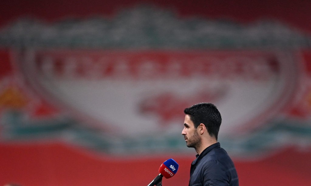 Arsenal's Spanish manager Mikel Arteta speaks during a pre-match interview with Sky Sports ahaead of the English Premier League football match between Liverpool and Arsenal at Anfield in Liverpool, north west England on September 28, 2020. (Photo by Laurence Griffiths / POOL / AFP)