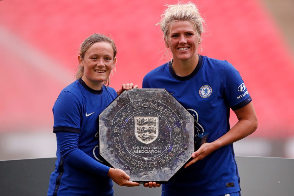 Chelsea's goal scorers Scottish striker Erin Cuthbert (L) and Chelsea's English defender Millie Bright (R) lifts the trophy after winning the English FA Women's Community Shield football match between Chelsea and Manchester City at Wembley Stadium in north London on August 29, 2020. - Chelsea Women won the match 2-0 against Manchester City Women. (Photo by ANDREW COULDRIDGE / POOL / AFP)