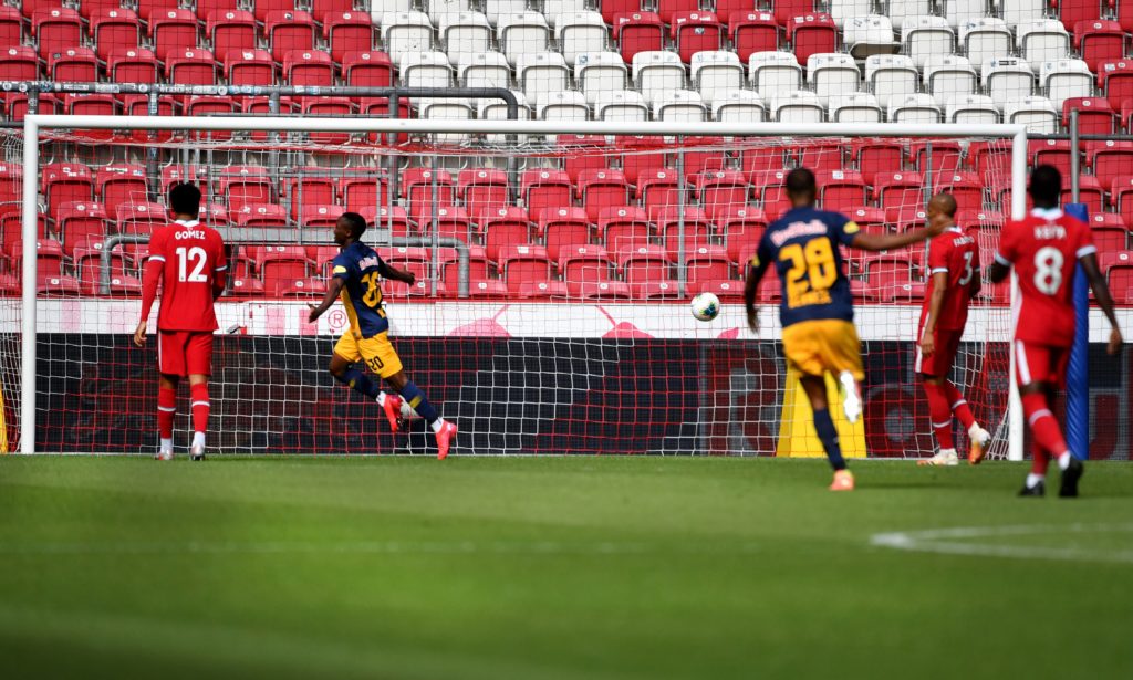 Salzburg's Zambian striker Patson Daka (2nd L) scores during the friendly test match Liverpool v FC Salzburg in Salzburg, Austria on August 25 2020. (Photo by BARBARA GINDL / APA / AFP) / Austria OUT (Photo by BARBARA GINDL/APA/AFP via Getty Images)