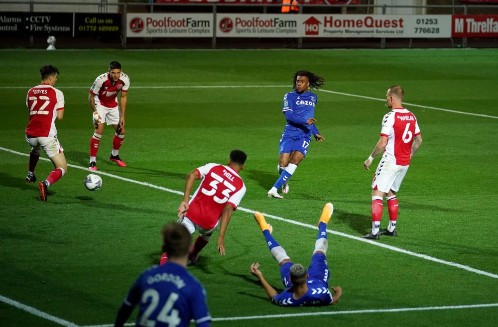 FLEETWOOD, ENGLAND - SEPTEMBER 23: Alex Iwobi of Everton scores his sides third goal during the Carabao Cup third round match between Fleetwood Town and Everton at Highbury Stadium on September 23, 2020 in Fleetwood, England. Football Stadiums around United Kingdom remain empty due to the Coronavirus Pandemic as Government social distancing laws prohibit fans inside venues resulting in fixtures being played behind closed doors. (Photo by Dave Thompson - Pool/Getty Images)